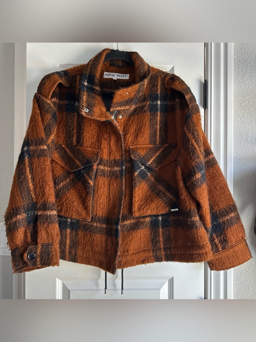 Nine West Orange and Black Plaid Coat